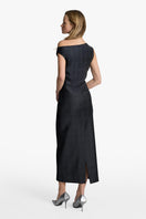 Acaria Studio Anna Midi Dress featuring a flowy fabric and elegant design, displayed on a hanger with a neutral background.