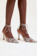 Christin Wu Sienna white embroidered mesh heels showing intricate embroidery and delicate mesh design on stylish women's footwear