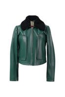 Double A olive leather jacket for women, featuring a stylish emery finish and classic jacket design.