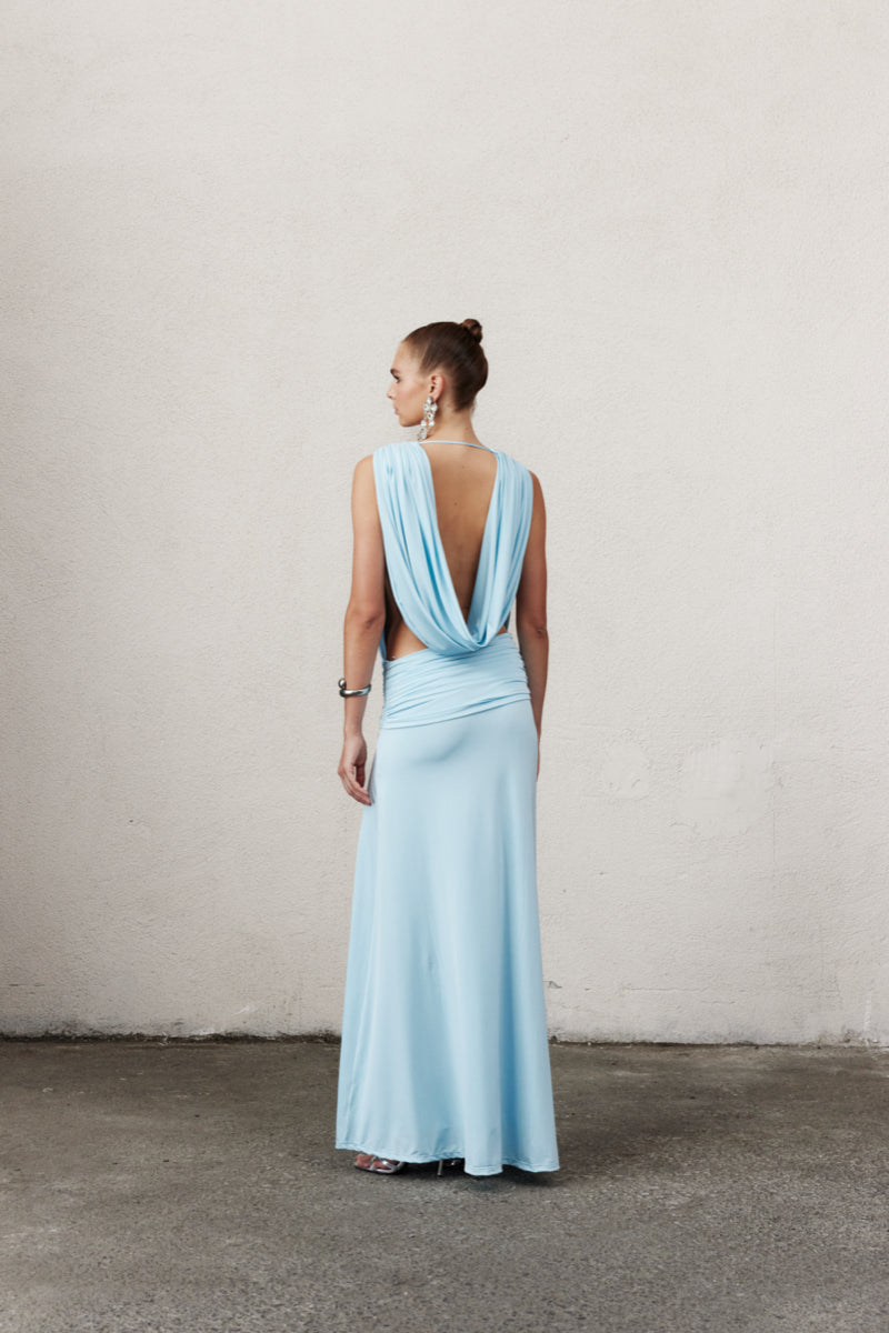 sky blue jersey dress Azazie Sheath One-Shoulder Long Sleeve Ankle-Length Premium Stretch Jersey Bridesmaid Dresses