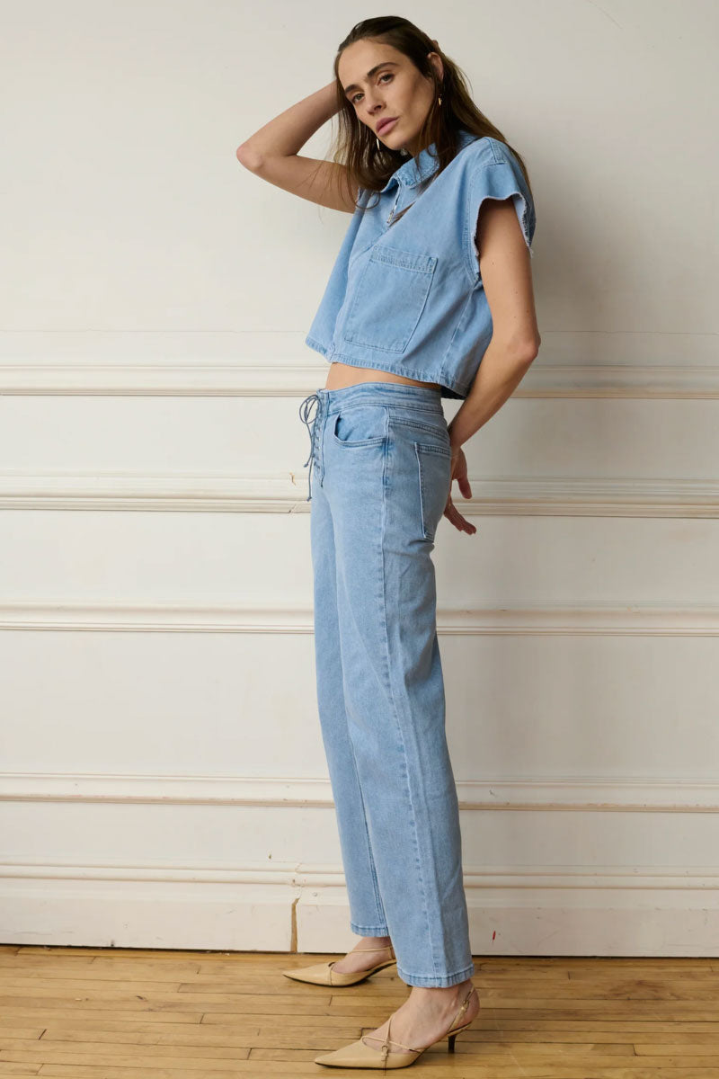 TT Studios Mikey Jean in South Street denim jeans with classic fit and fading detail, front view showing pocket and waistband.