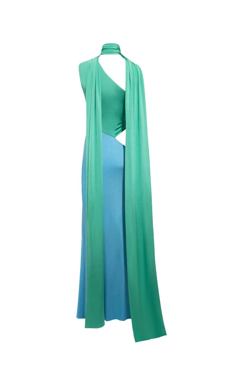 Sisters Leila maxi dress in soft pastel colors with flowing fabric and floral patterns, perfect for elegant summer occasions.