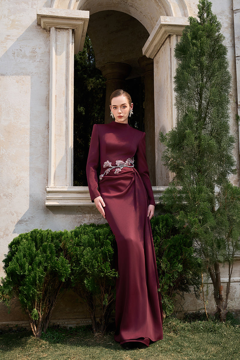 Long Sleeve Burgundy Satin Long Dress CRYSTAL SILK LONG SLEEVE GOWN IN BURGUNDY Long Sleeve Burgundy Satin Long Dress CRYSTAL SILK LONG SLEEVE GOWN IN BURGUNDY