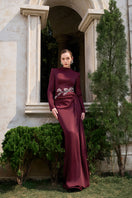 Elegant burgundy Crystal Silk long sleeve gown by Tracy Studio, featuring shimmering crystal details and flowing silk fabric.