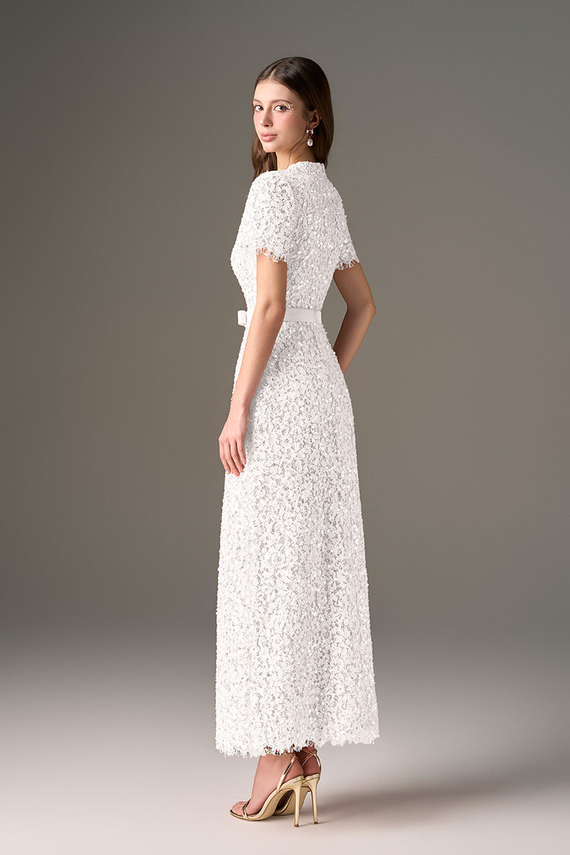 I.H.F Studio Cult Mia X floral lace midi dress with sequins, structured white lace design and elegant maxi length.