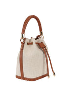 Saonara linen bucket top handle bag with round beige woven design and sturdy top handle, perfect for casual or chic outings.