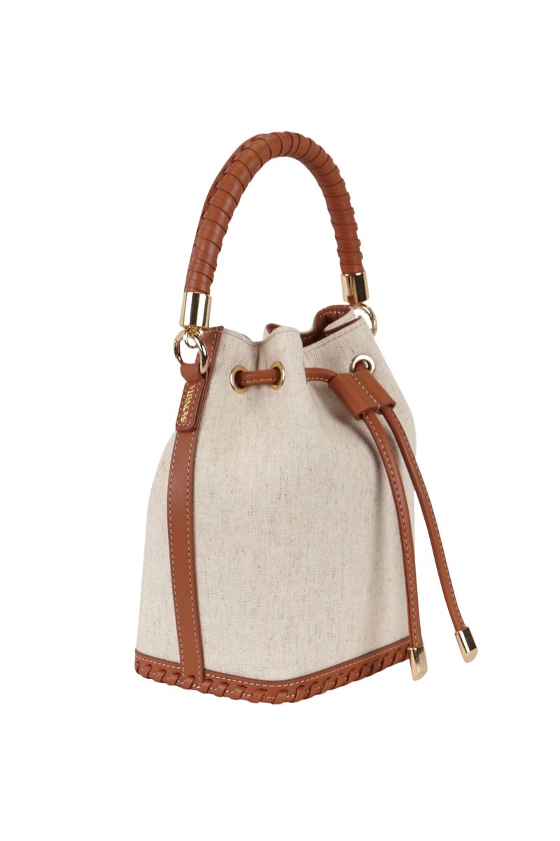 Saonara linen bucket top handle bag with round beige woven design and sturdy top handle, perfect for casual or chic outings.