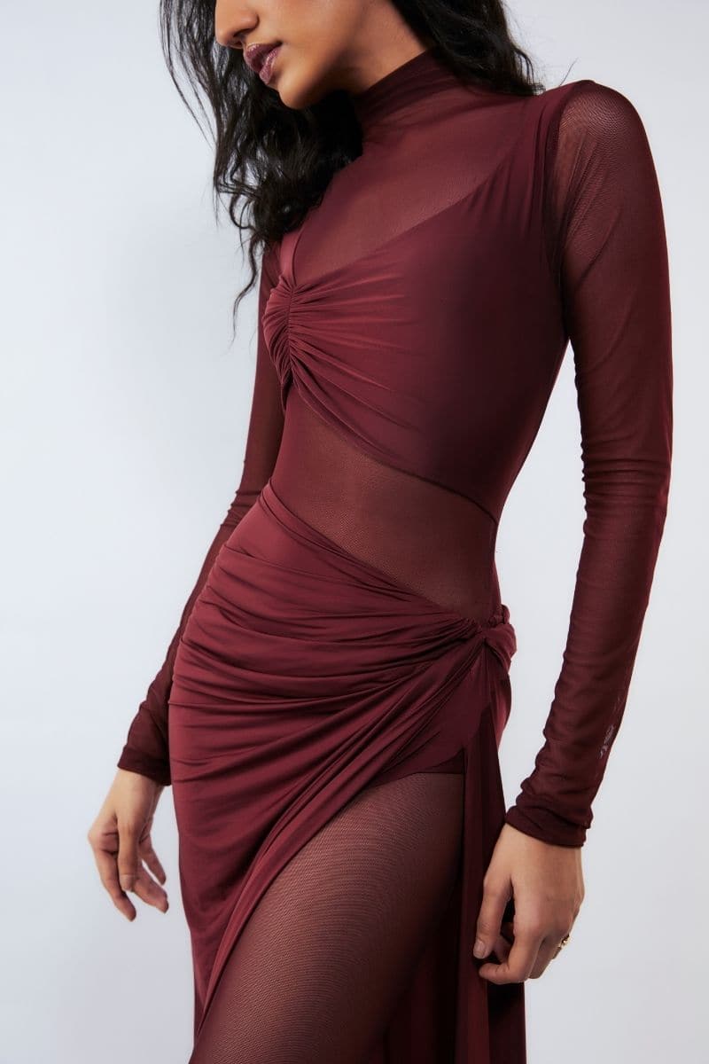 Deme By Gabriella Gloria Cherry Red Ruched Gown with fitted silhouette and elegant draping, perfect for formal occasions.