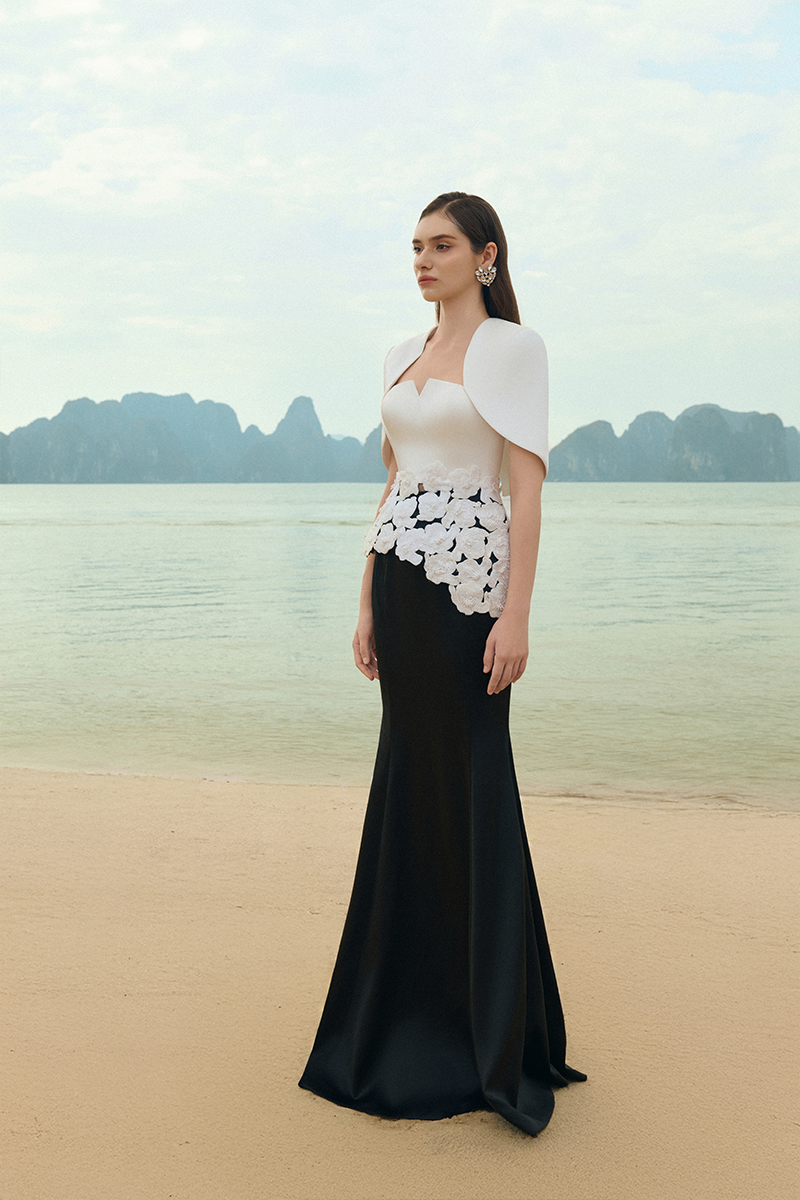 Lune De Soie pearl taffeta co-ord set featuring a dress and matching cape, elegant and stylish for special occasions.