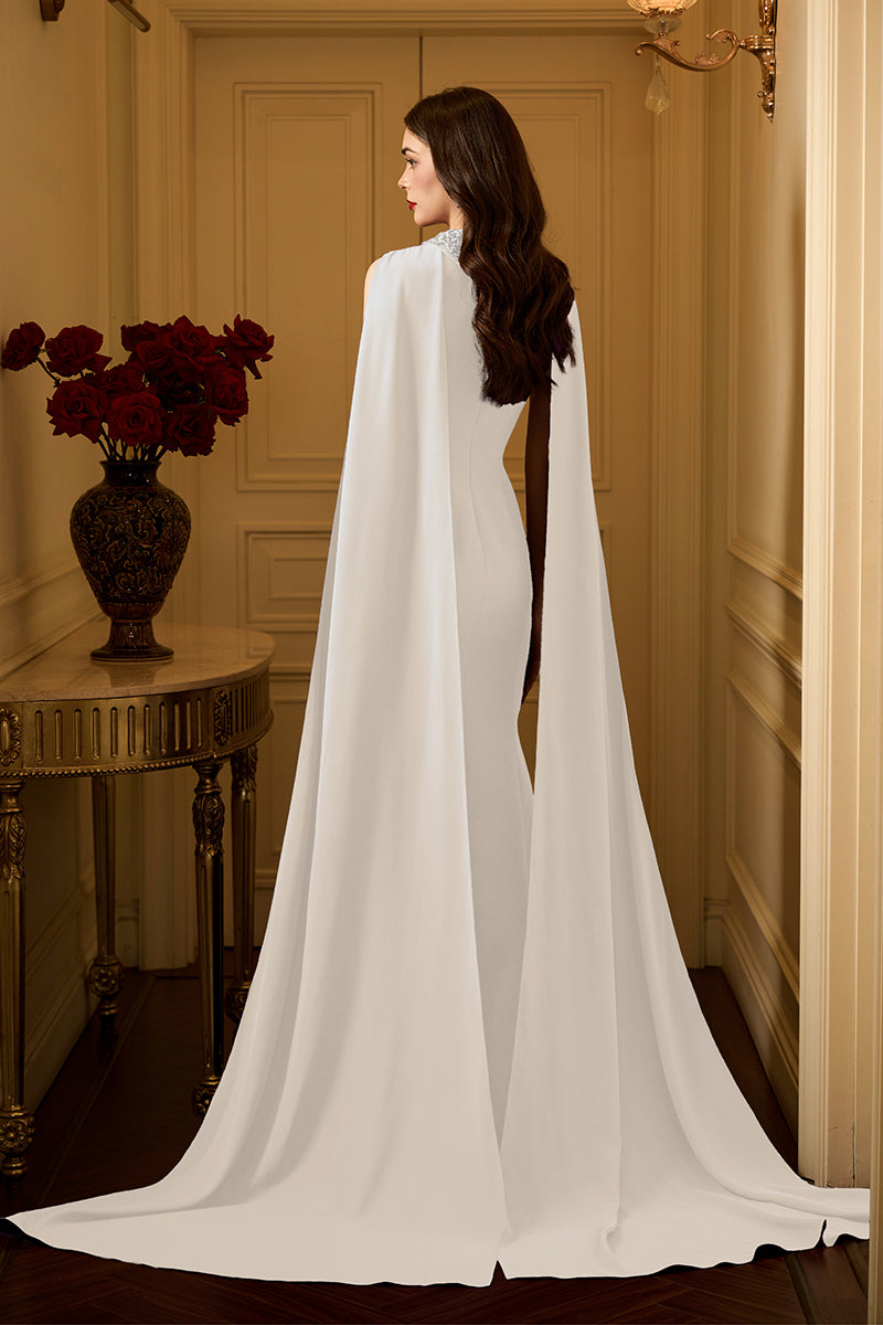 I.H.F Lula Crepe Cape Gown in elegant fabric, featuring a flowing design and sophisticated silhouette for special occasions.