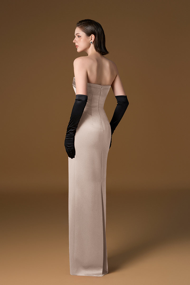Beige crepe silk lined gown by I.H.F, featuring elegant, flowing fabric and a sophisticated design.