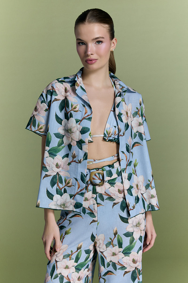 Nur Karaata Tropic Twist co-ord set featuring a matching crop top and high-waisted pants in vibrant tropical print.