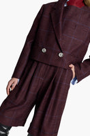 Acaria Studio burgundy shorts with blue check pattern, casual fit, and fabric texture visible on the front.