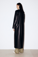 ELENAREVA black faux leather coat with a sleek design, shown on a white background, highlighting the stylish collar and smooth texture.