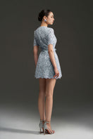 Blue I.H.F Studio sequin floral lace and silk taffeta mini dress, detailed with elegant floral lace and shimmering sequins.
