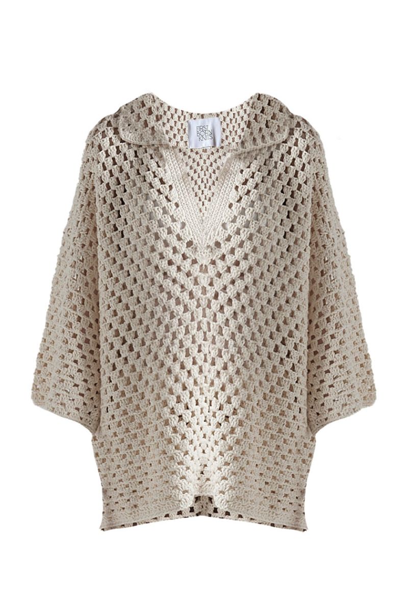First Born Knits CELINE Polo top, light-colored with classic collar and button-down front, casual stylish knitwear.