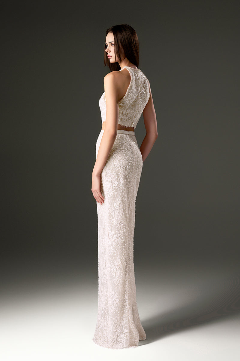 White halter mesh lace co-ord set featuring a lace top and matching skirt from I.H.F Studio, displayed on a mannequin.