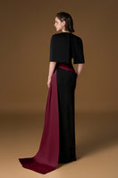 Black and Bordeaux crepe silk lined gown by I.H.F, showcasing elegant fabric, flowing design, and sophisticated silhouette.