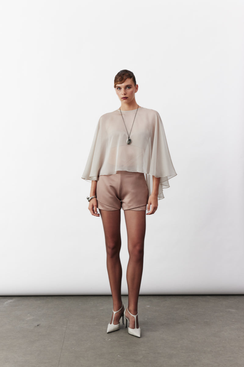 Nazlı Ceren smoked gray chiffon cape jacket, lightweight and flowy with elegant drape, perfect for stylish layered looks.