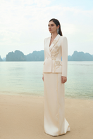 White pearl taffeta co-ord set by Lune De Soie, featuring a stylish top and matching pants in elegant fabric.