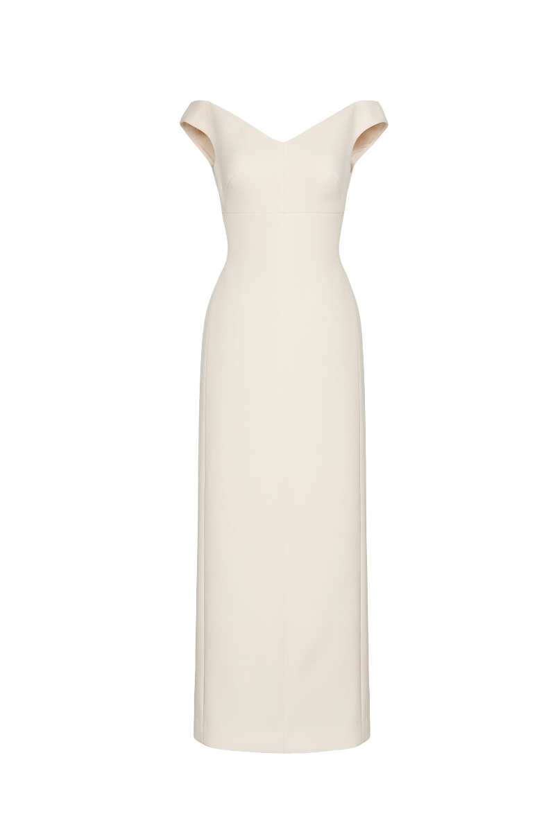 Cream Ismera sheath off-shoulder crepe midi dress by Maison Des Copains, showcasing its elegant off-shoulder design and calf length silhouette.