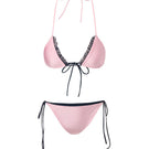 Reversible pink and black bikini set by Suncillo with triangle top and matching bottom, displayed on a white background.
