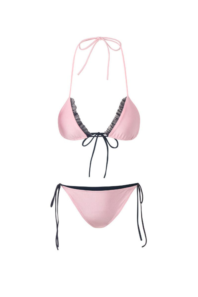 Reversible pink and black bikini set by Suncillo with triangle top and matching bottom, displayed on a white background.