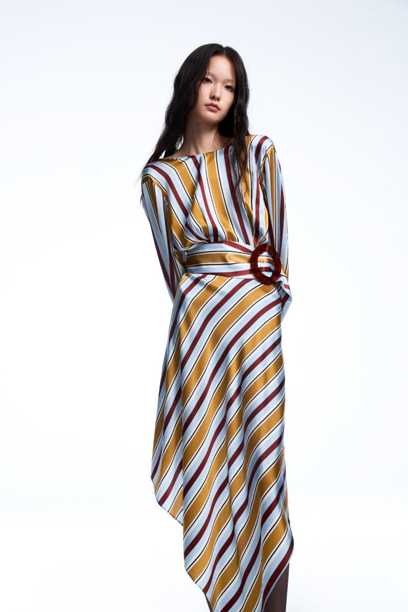 Chictopia silk belted striped midi dress displayed on a hanger, showcasing its elegant design and vibrant pattern.