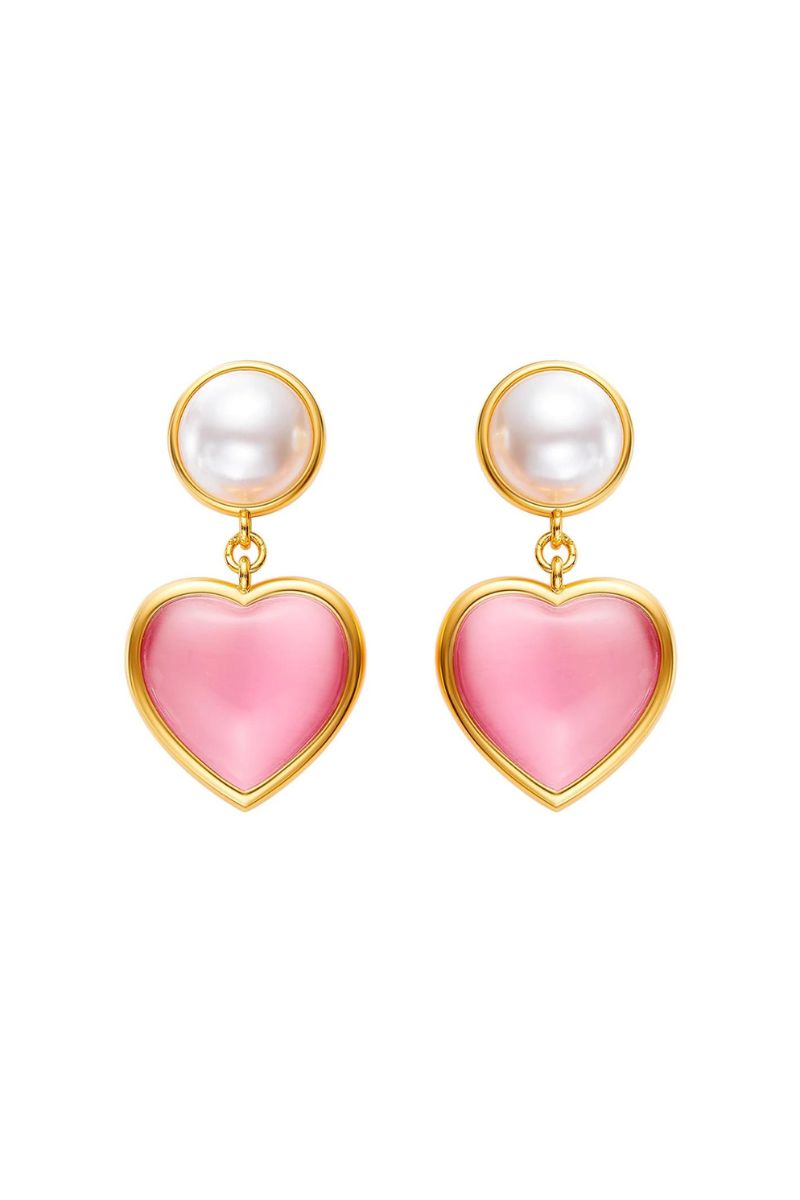 Nana Jacqueline Dascha pearl and pink heart drop earrings featuring elegant pearl and heart-shaped pink accents.