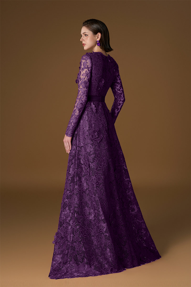 V-NECK A-LINE LACE GOWN WITH LONG SLEEVES IN PURPLE - CULT MIA