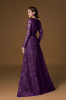 Purple V-neck A-line lace gown with long sleeves by I.H.F, featuring elegant lace details and a flowing silhouette.