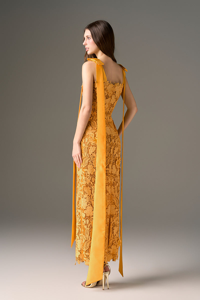 I.H.F Studio CULT MIA X Floral Garden orange lace maxi dress with a fitted column silhouette and elegant floral details.