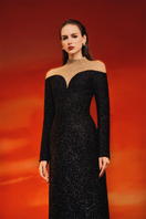 Lune De Soie high neck fishnet shoulder gown featuring a fitted design with sheer fishnet fabric and elegant high neckline.
