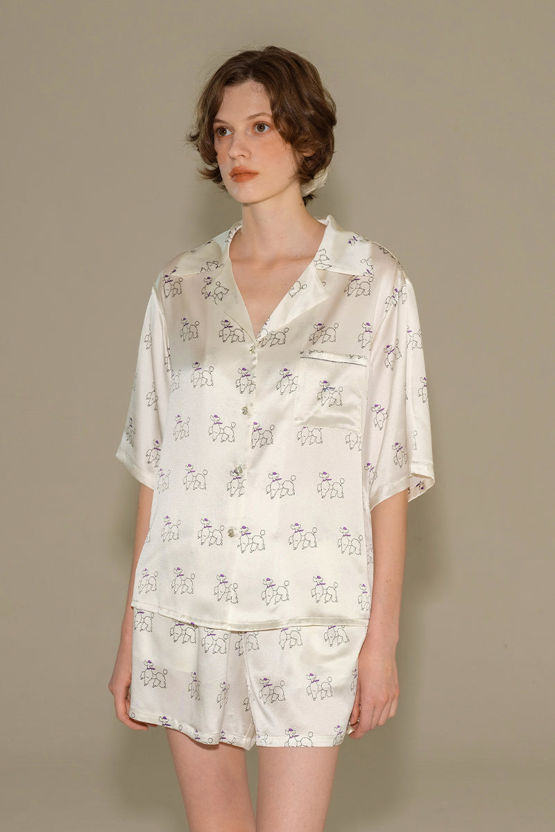 DIAMOND POODLES WHITE SILK PAJAMAS SHORT SET - CULT MIA