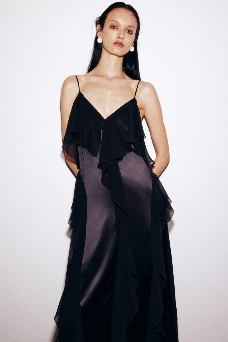 BLACK MIDI DRESS WITH SHIFFON RUFFLE DETAILS - CULT MIA