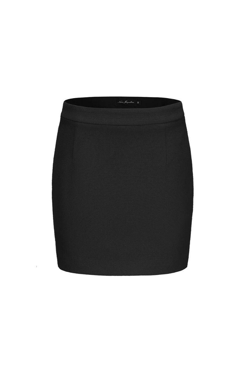 Nana Jacqueline Lisette black mini skirt, fitted high-waist design with sleek fabric, styled with a subtle hemline detail.