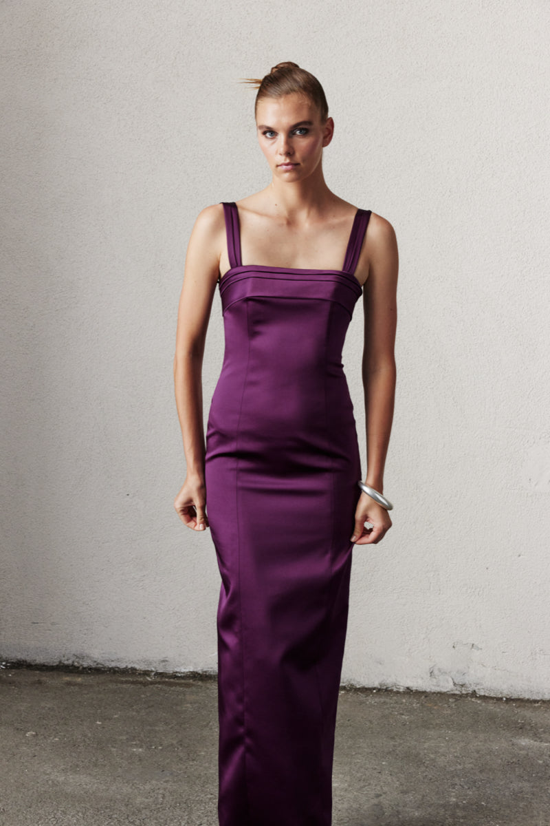 BRIDGET LONG SATIN DRESS IN SPICED PLUM - CULT MIA