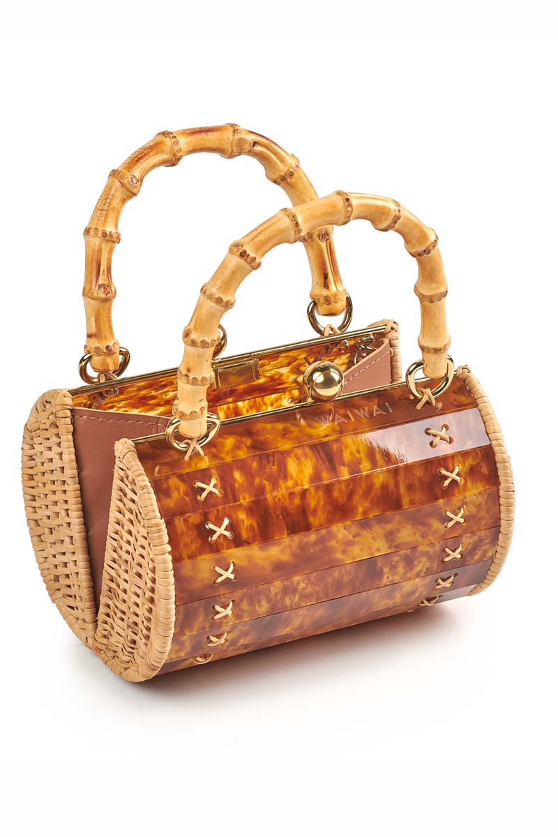 Waiwai Rio Alix Bambu Turtle top handle bag featuring eco-friendly bamboo material and a turtle design.