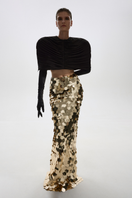 Gold sequined maxi skirt by Balykina featuring a flowing design and shimmering embellishments for elegant style.