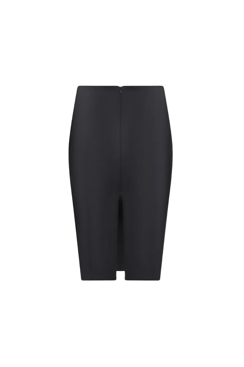 Black matte silk midi skirt by BALYKINA, shown in a flowing, elegant design perfect for stylish everyday wear.
