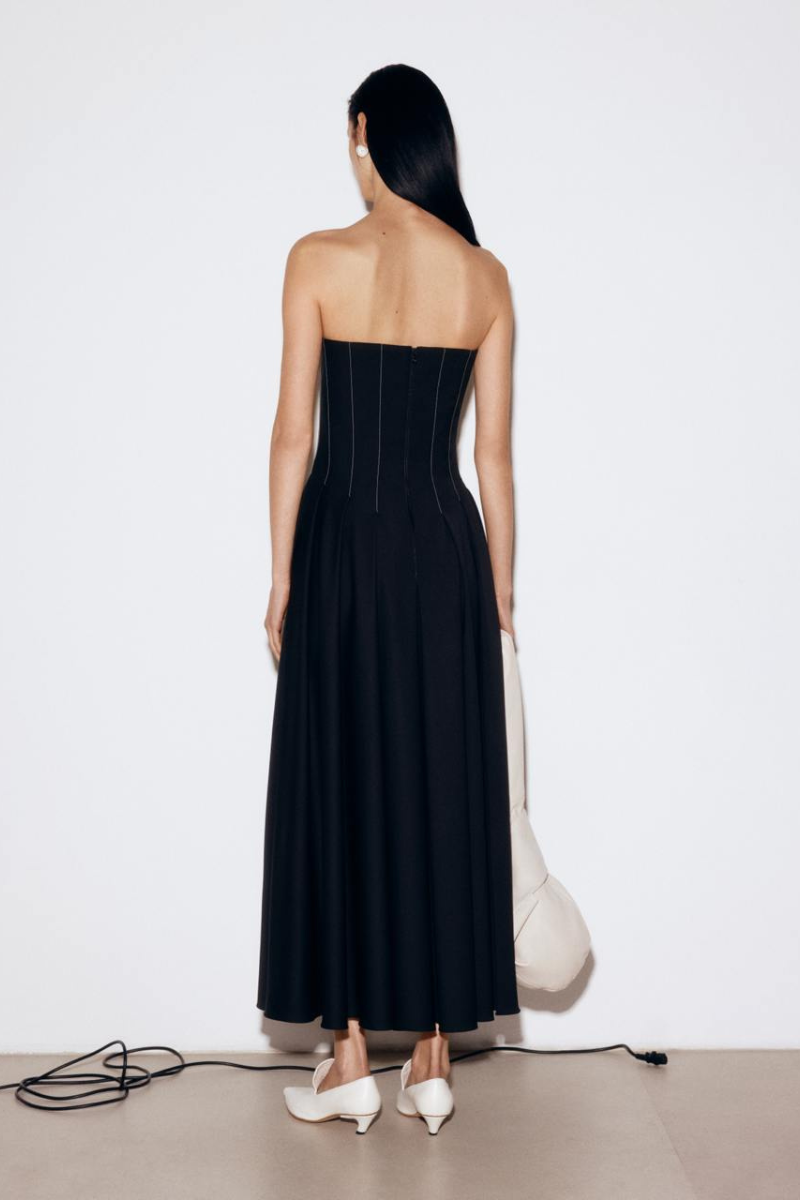 BLACK WOOL CORSET MIDI DRESS WITH WHITE STITCH DETAIL - CULT MIA