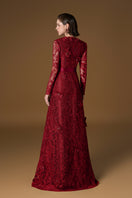 I.H.F red Chelsea guipure lace and taffeta gown with intricate lace details and elegant flowing taffeta fabric.