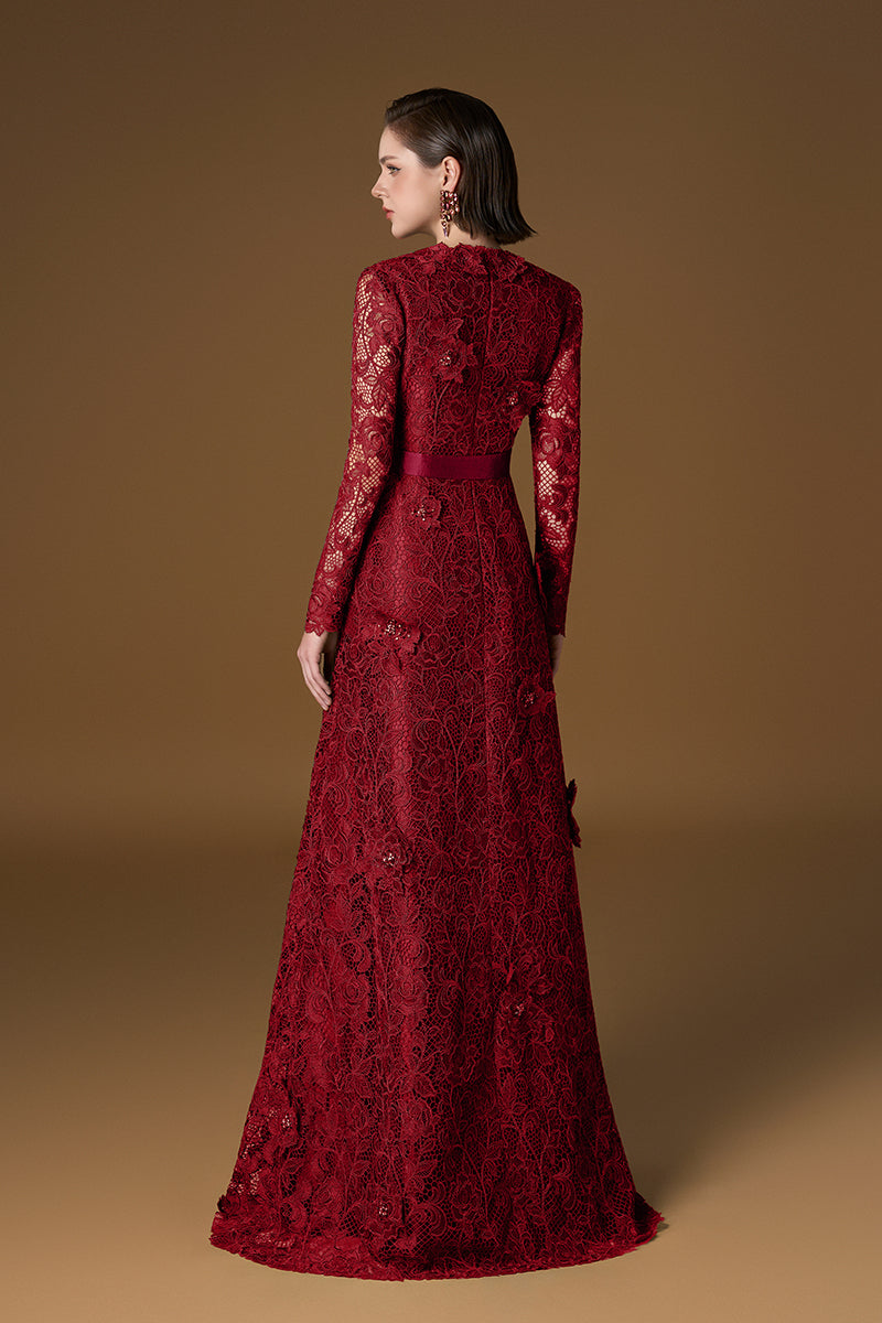 I.H.F red Chelsea guipure lace and taffeta gown with intricate lace details and elegant flowing taffeta fabric.