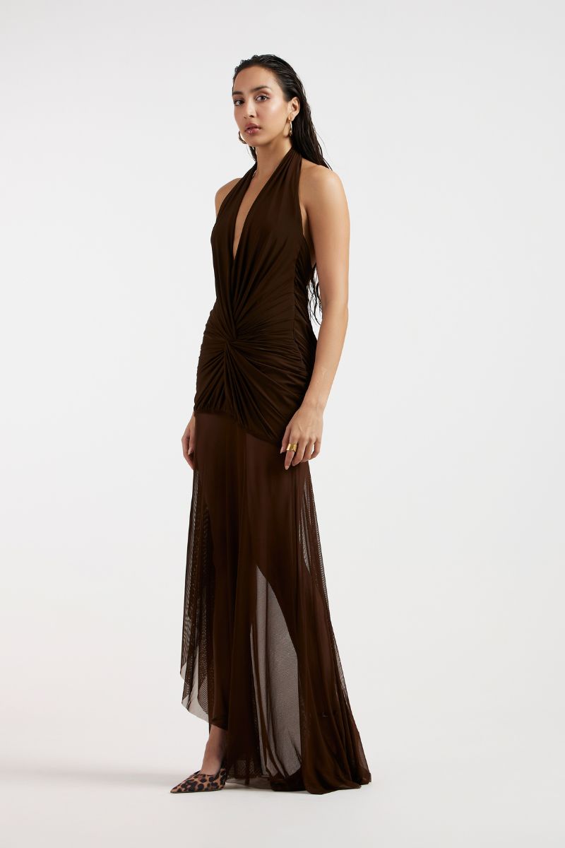 TESS DRAPED BROWN MAXI DRESS - CULT MIA