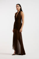 Deme By Gabriella Tess draped brown maxi dress with flowing fabric and elegant silhouette, perfect for casual or formal wear