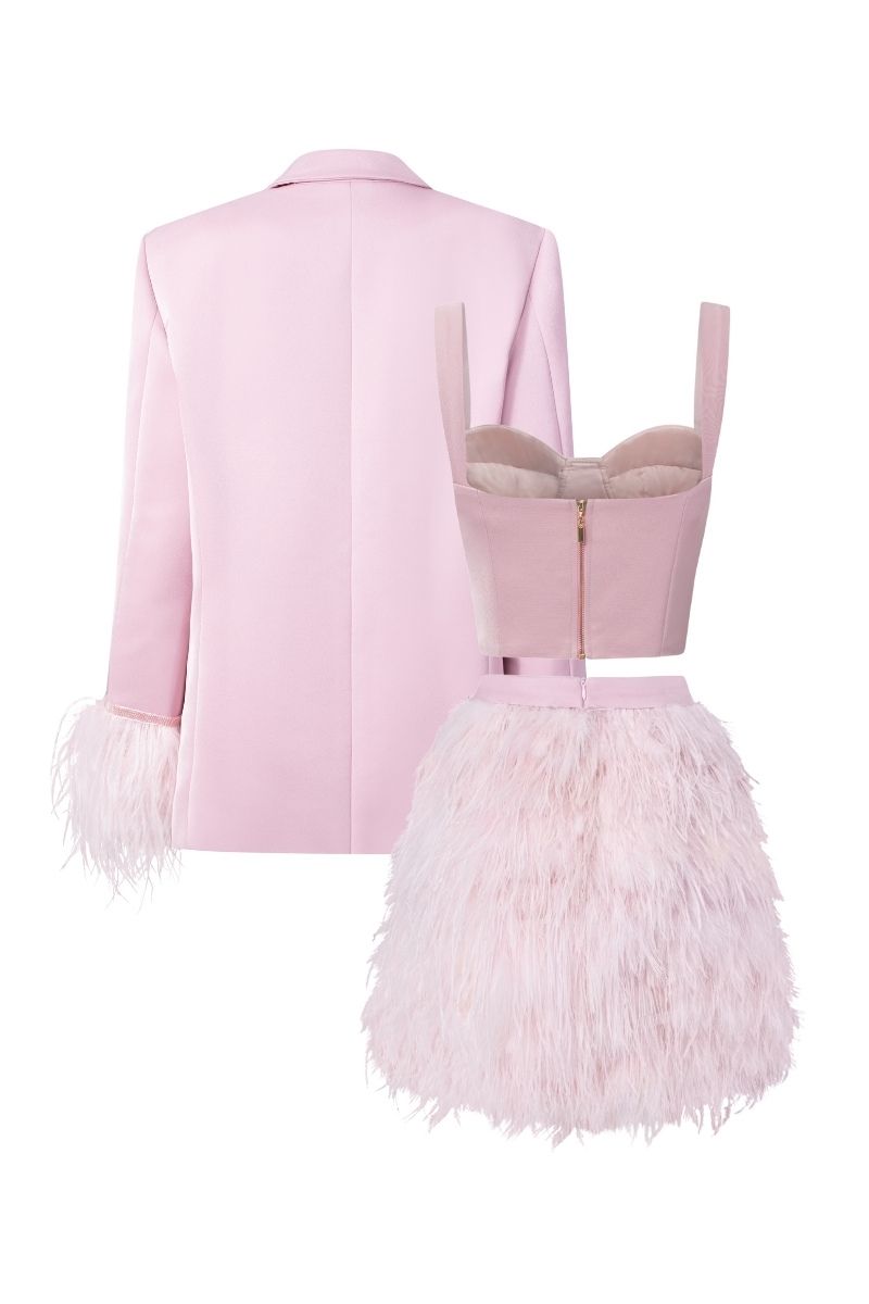 Baby pink Kiera taffeta feather blazer set by 21Six, featuring a stylish co-ord with feather details and tailored fit.