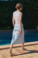 KIKI CAT 22 Momme Mulberry Blue Silk Bias Midi Skirt, showcasing smooth silk fabric and elegant midi length design.