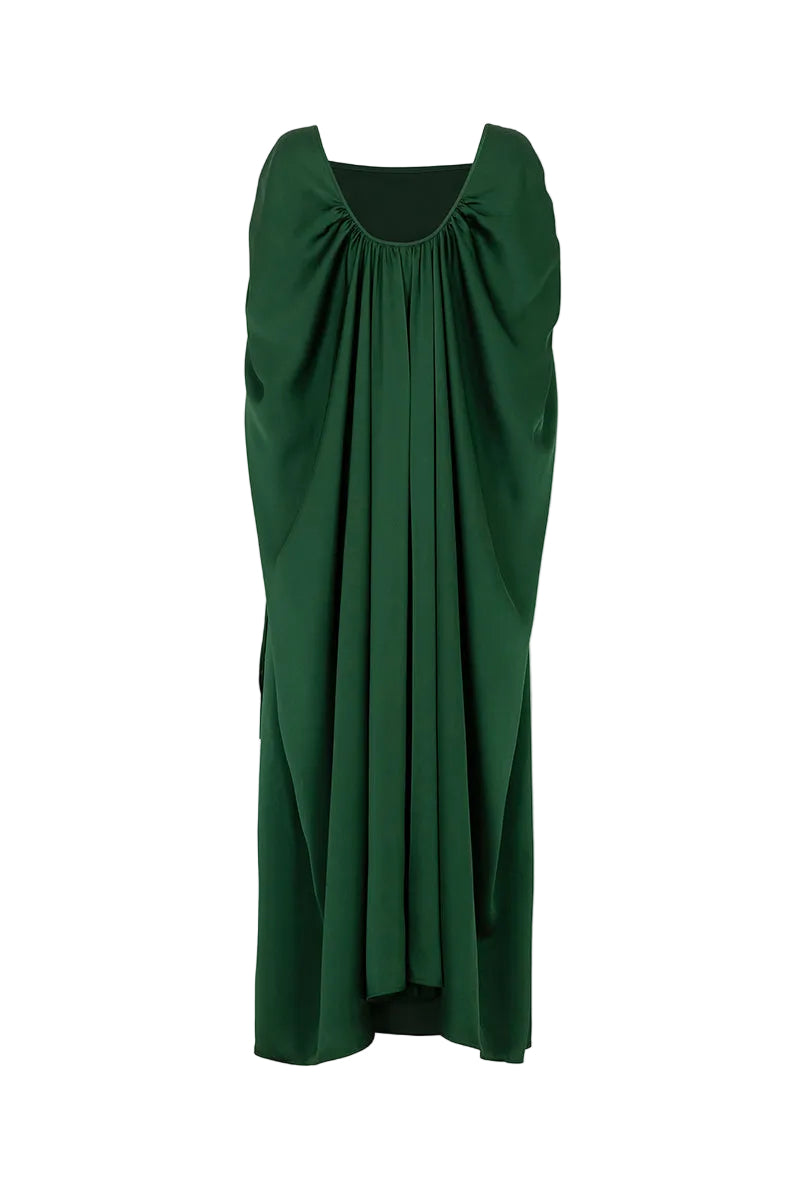 Green Valenciani silk gown with drawstring shoulder detail, flowing fabric and elegant silhouette.