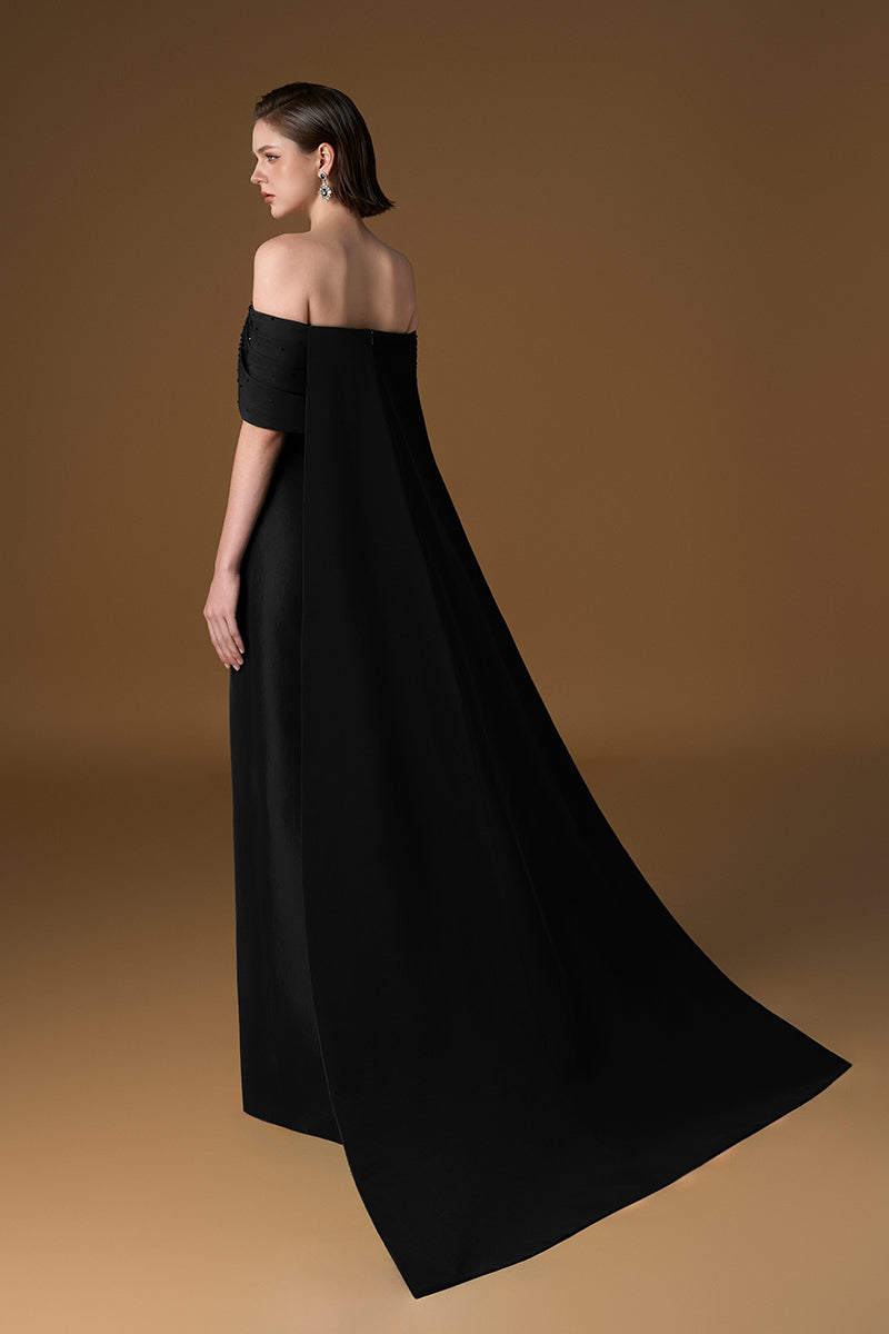Black strapless taffeta silk-lined gown by I.H.F with elegant draping and fitted bodice, perfect for formal occasions.