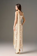 I.H.F Studio CULT MIA X floral garden ivory lace maxi dress with elegant column silhouette and intricate lace details.